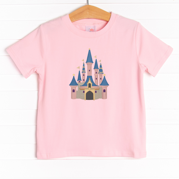 The tee is featured in four colors: White, Ballerina Pink, Heather Gray, and Soft Blue with a castle graphic.
