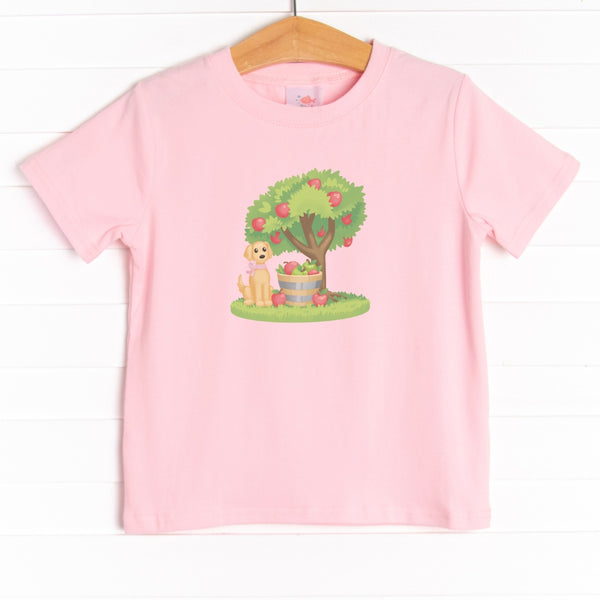This shirt is featured in four colors: Ballerina Pink, Soft Blue, White, and Heather Gray with a puppy and apple tree graphic.