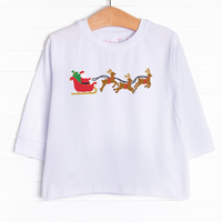  This graphic tee features Santa in his sleigh on the center of one of our long sleeve tees available in 5 colors: Ballerina Pink, Soft Blue,&nbsp; White, Navy, and Heather Gray. 