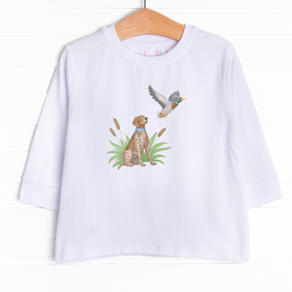  This long sleeve tee is featured in 3 colors: White, Heather Gray, and Soft Blue with a hunting puppy graphic. 