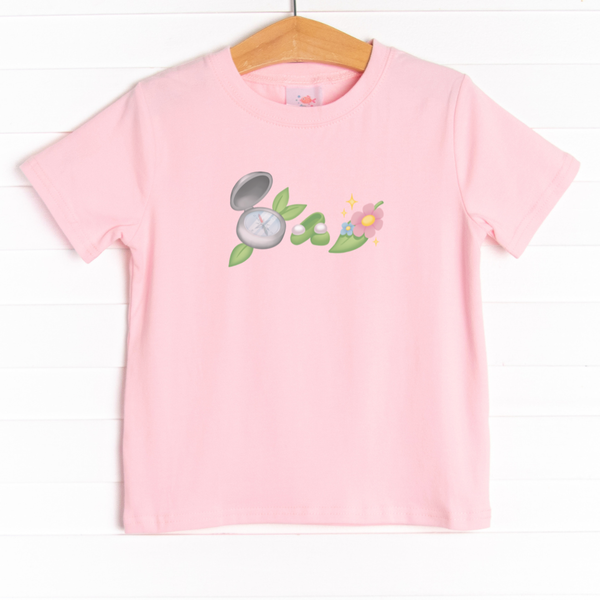  The tee is featured in four colors: Ballerina Pink, White, Heather Gray, and Soft Blue. 