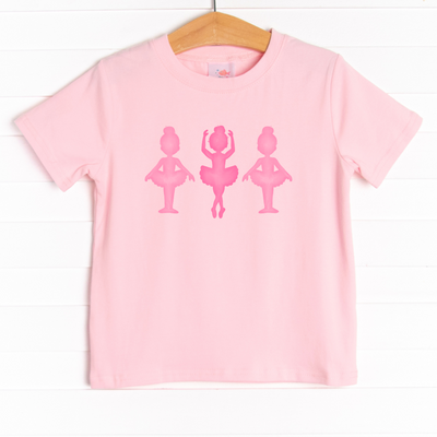 The shirt is featured in four colors; White, Heather Gray, Ballerina Pink, and Soft Blue with a ballerina graphic.