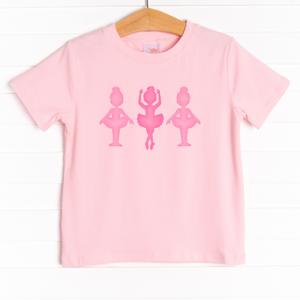 The shirt is featured in four colors; White, Heather Gray, Ballerina Pink, and Soft Blue with a ballerina graphic.