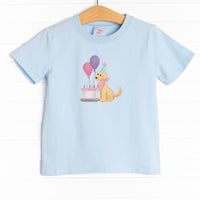 This shirt is featured in four colors: White, Heather Gray, Ballerina Pink, and Soft Blue with a birthday puppy graphic.
