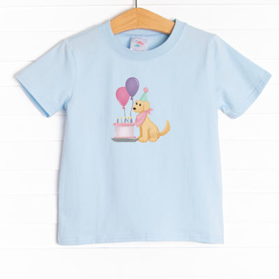This shirt is featured in four colors: White, Heather Gray, Ballerina Pink, and Soft Blue with a birthday puppy graphic.