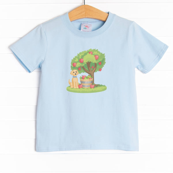 This shirt is featured in three colors: Soft Blue, White, and Heather Gray with a puppy and apple tree graphic.