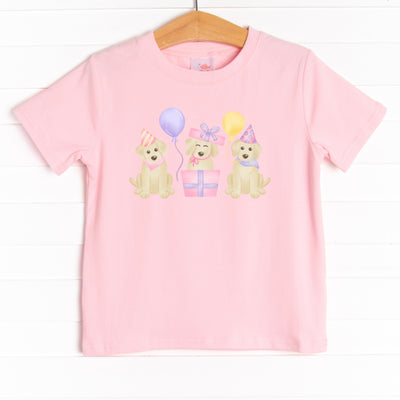 Classic, short sleeve t-shirt with an easy, pull-on style you know and love. The shirt is featured in four colors: White, Heather Gray, Ballerina Pink, and Soft blue with precious party puppy graphic.