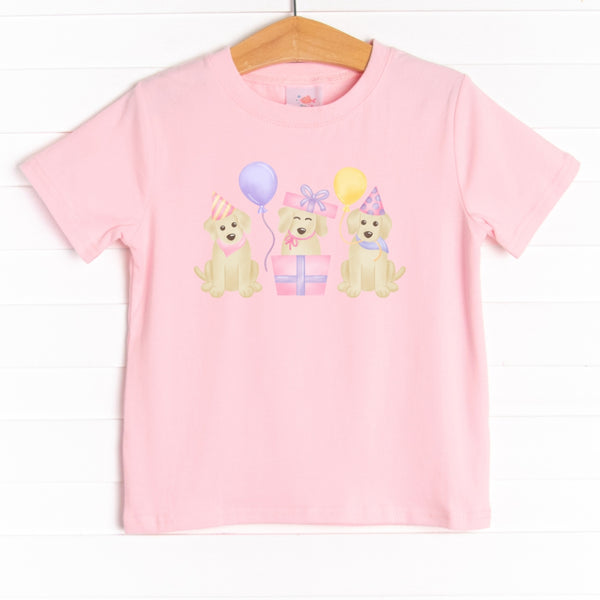 Classic, short sleeve t-shirt with an easy, pull-on style you know and love. The shirt is featured in four colors: White, Heather Gray, Ballerina Pink, and Soft blue with precious party puppy graphic.