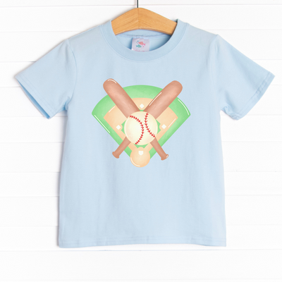 This shirt is featured in four colors: White, Heather Gray, Ballerina Pink, and Soft Blue with a baseball graphic. 