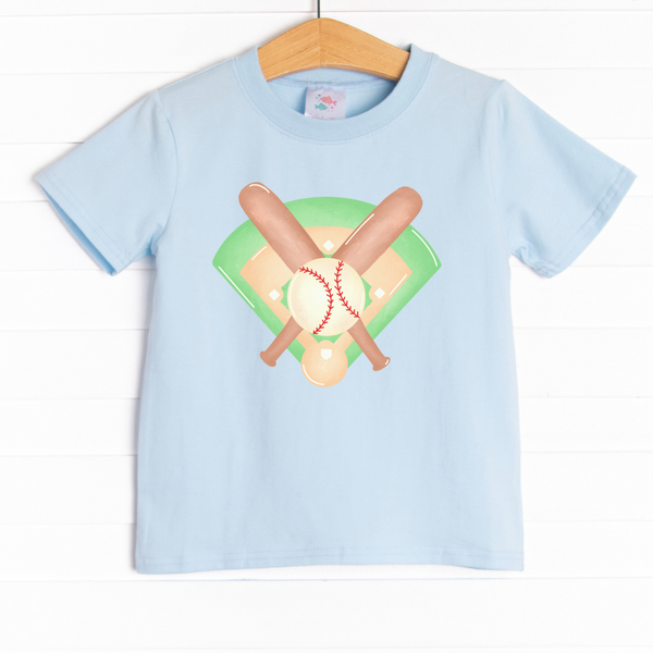 This shirt is featured in four colors: White, Heather Gray, Ballerina Pink, and Soft Blue with a baseball graphic. 