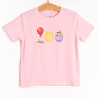 The tee is featured in four colors: Ballerina Pink, White, Heather Gray, and Soft Blue.