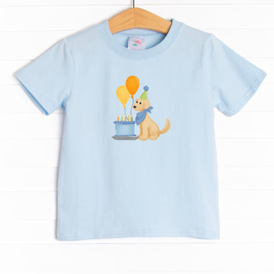 This shirt is featured in three colors: White, Heather Gray, and Soft Blue with a birthday puppy graphic.