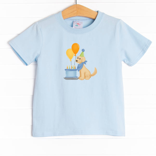 This shirt is featured in three colors: White, Heather Gray, and Soft Blue with a birthday puppy graphic.