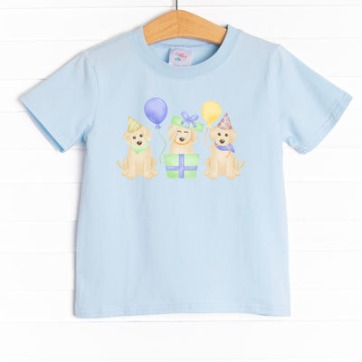 Classic, short sleeve t-shirt with an easy, pull-on style you know and love. The shirt is featured in three colors: White, Heather Gray, and Soft blue with precious party puppy graphic.

&nbsp;SIZE GUIDE