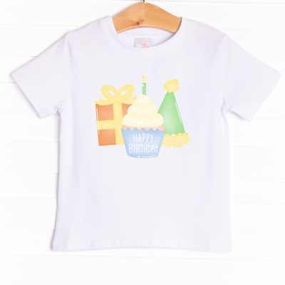  The shirt is featured in four colors; White, Heather Gray, and Soft Blue with a festive graphic. 