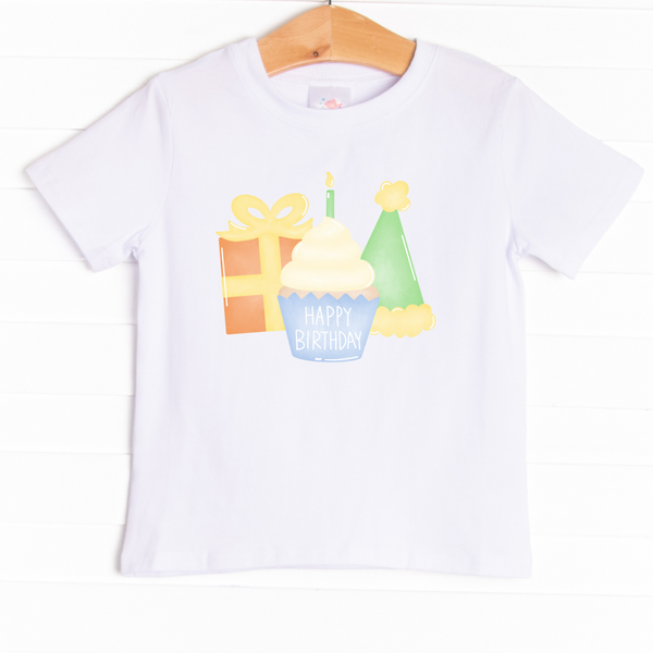  The shirt is featured in four colors; White, Heather Gray, and Soft Blue with a festive graphic. 