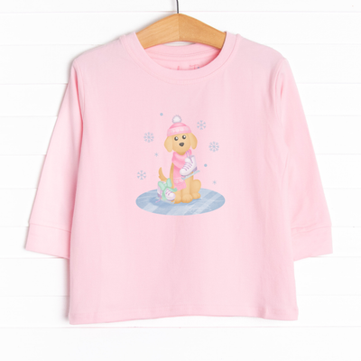  This long sleeve tee is featured in 4 colors: Ballerina Pink, White, Heather Gray, and Soft Blue with an ice-skating puppy graphic. 
