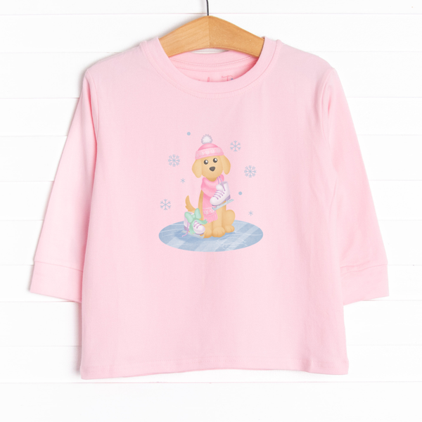  This long sleeve tee is featured in 4 colors: Ballerina Pink, White, Heather Gray, and Soft Blue with an ice-skating puppy graphic. 