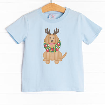 The tee is featured in four colors: Heather Gray, Red, Soft Blue , and White with a precious puppy graphic.