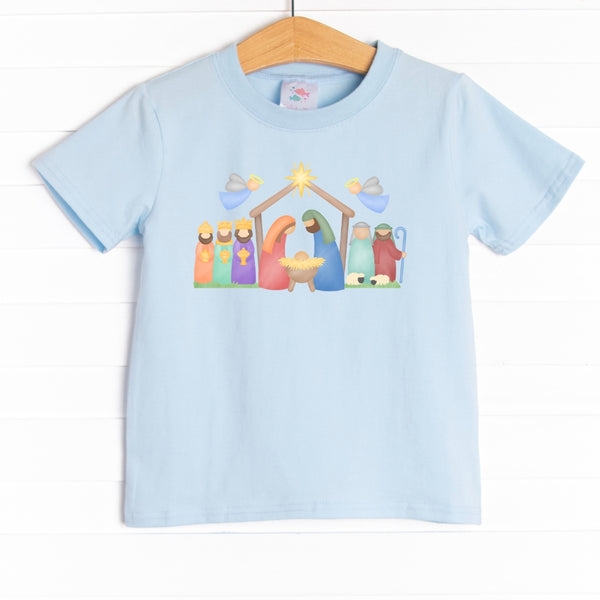  The tee is featured in four colors: Heather Gray, Soft Blue, Ballerina Pink, and White. 