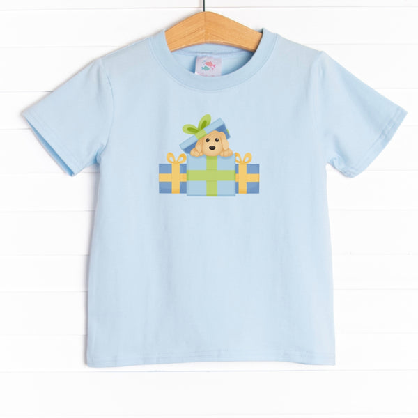 The shirt is featured in three colors: White, Heather Gray, and Soft Blue with a puppy present graphic.