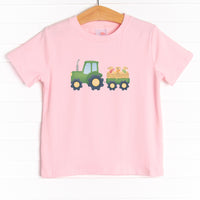 The tee is featured in four colors: Gray, Soft Blue, Ballerina Pink, and White with a tractor and puppies graphic.