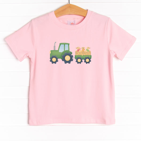 The tee is featured in four colors: Gray, Soft Blue, Ballerina Pink, and White with a tractor and puppies graphic.
