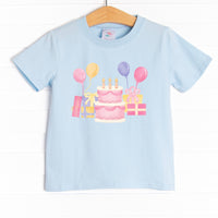  Classic, short sleeve t-shirt with an easy, pull-on style you know and love. The shirt is featured in four colors: White, Heather Gray, Ballerina Pink, and Soft blue with a birthday cake graphic.