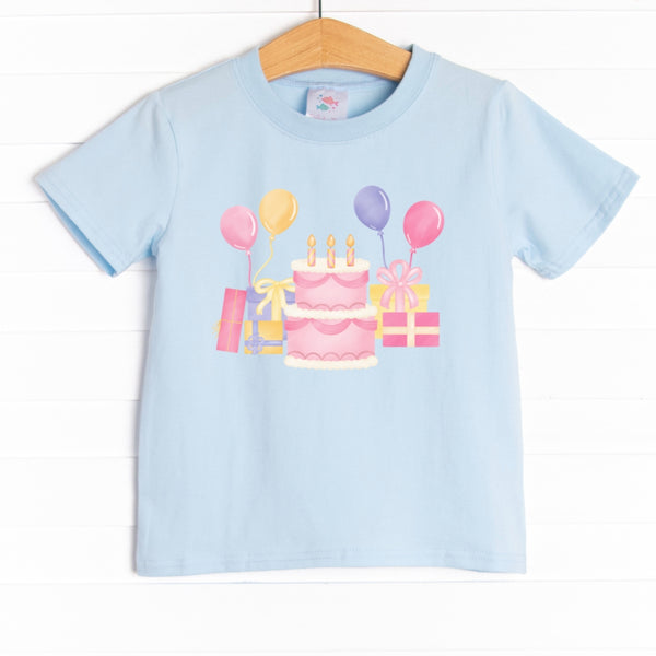  Classic, short sleeve t-shirt with an easy, pull-on style you know and love. The shirt is featured in four colors: White, Heather Gray, Ballerina Pink, and Soft blue with a birthday cake graphic.