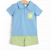 Levi Short Set, Medium Blue and Green Stripe