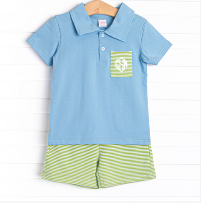 Levi Short Set, Medium Blue and Green Stripe
