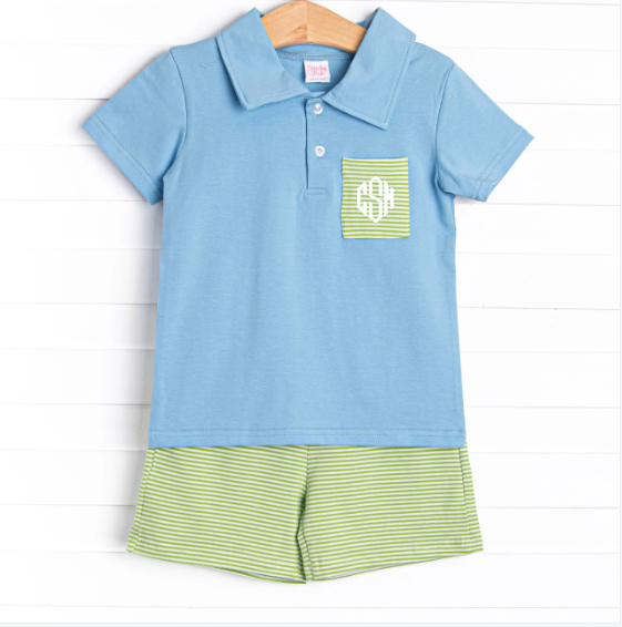 Levi Short Set, Medium Blue and Green Stripe
