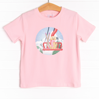 This tee is featured in 4 colors: Ballerina Pink, White, Heather Gray, Soft Blue with a skiing puppy graphic.