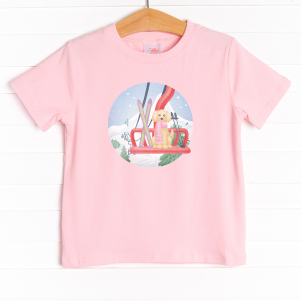 This tee is featured in 4 colors: Ballerina Pink, White, Heather Gray, Soft Blue with a skiing puppy graphic.