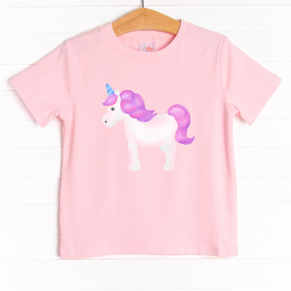  The shirt is featured in four colors; White, Heather Gray, Ballerina Pink, and Soft Blue with a unicorn graphic. 