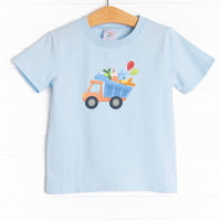  The shirt is featured in four colors; White, Heather Gray, Ballerina Pink, and Soft Blue with a dump truck graphic. 