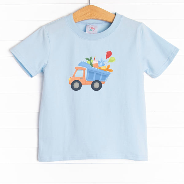 The shirt is featured in four colors; White, Heather Gray, Ballerina Pink, and Soft Blue with a dump truck graphic. 