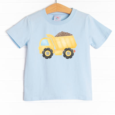 This shirt is featured in three colors: White, Heather Gray, and Soft Blue with a dump truck graphic.