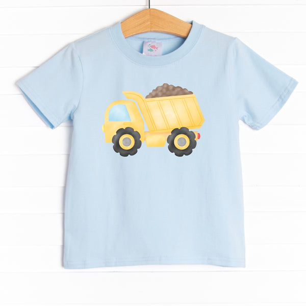 This shirt is featured in three colors: White, Heather Gray, and Soft Blue with a dump truck graphic.