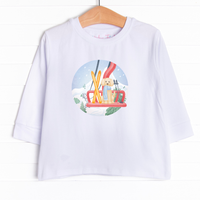  This long sleeve tee is featured in 3 colors: White, Heather Gray, and Soft Blue with a skiing puppy graphic. 