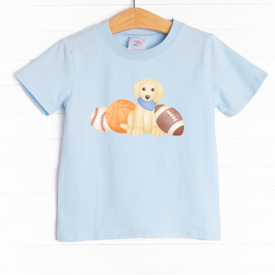  The shirt is featured in four colors: White, Heather Gray, Ballerina Pink, and Soft Blue with a puppy graphic. 