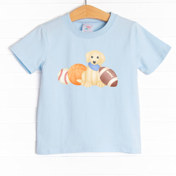  The shirt is featured in four colors: White, Heather Gray, Ballerina Pink, and Soft Blue with a puppy graphic. 