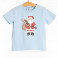 The tee is featured in four colors: Heather Gray, Ballerina Pink, Soft Blue , and White with a santa graphic.