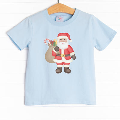 The tee is featured in four colors: Heather Gray, Ballerina Pink, Soft Blue , and White with a santa graphic.