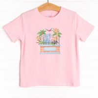 The tee is featured in four colors: Ballerina Pink, White, Heather Gray, and Soft Blue with a zoo animals graphic.