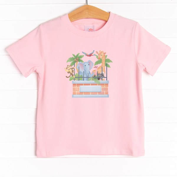 The tee is featured in four colors: Ballerina Pink, White, Heather Gray, and Soft Blue with a zoo animals graphic.