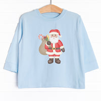 The tee is featured in five colors: Heather Gray, Ballerina Pink, Soft Blue, Navy Blue , and White with a santa graphic.