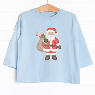 The tee is featured in five colors: Heather Gray, Ballerina Pink, Soft Blue, Navy Blue , and White with a santa graphic.