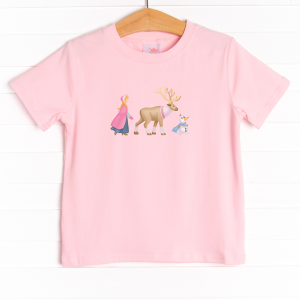 The tee is featured in four colors: Ballerina Pink, White, Heather Gray, and Soft Blue.