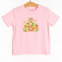 This shirt features four colors: Ballerina Pink, Soft Blue, White, and Heather Gray with a puppy and leaves graphic.